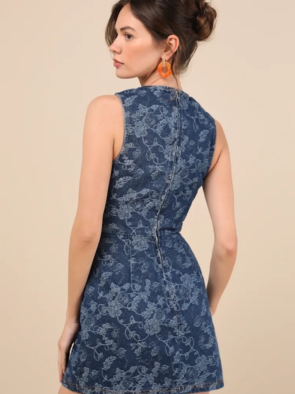 Lulu's Albena Dark Wash Floral Denim Sleeveless Mini Wrap Dress - Picture 2 of 6